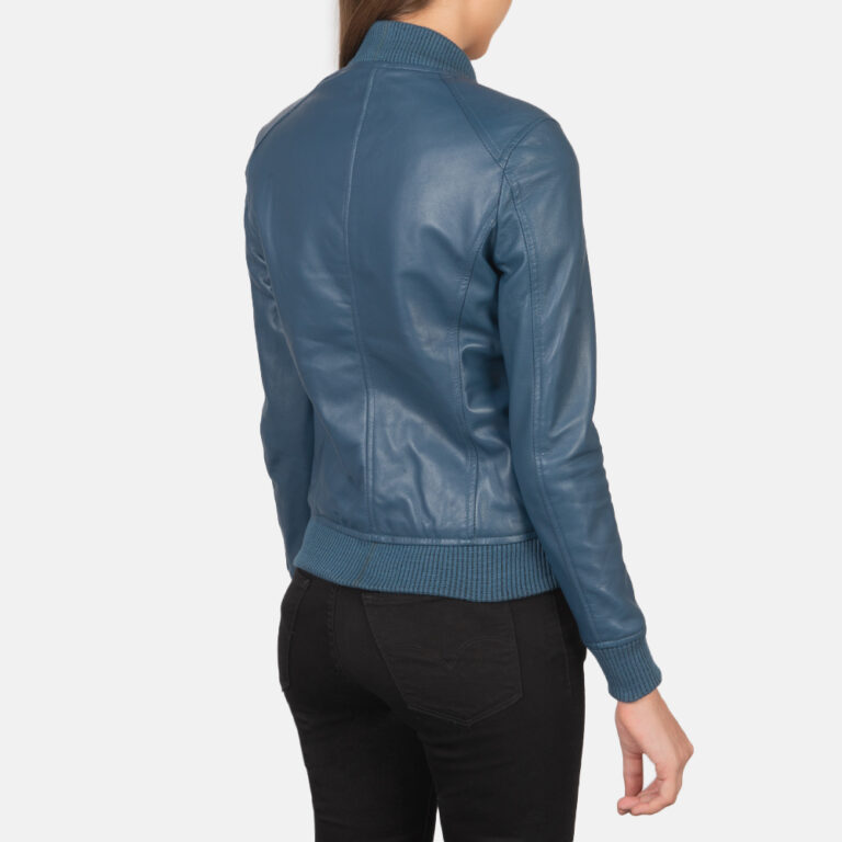 Womens Bliss Blue Leather Bomber Jacket Tilted Back-8-1659372728371